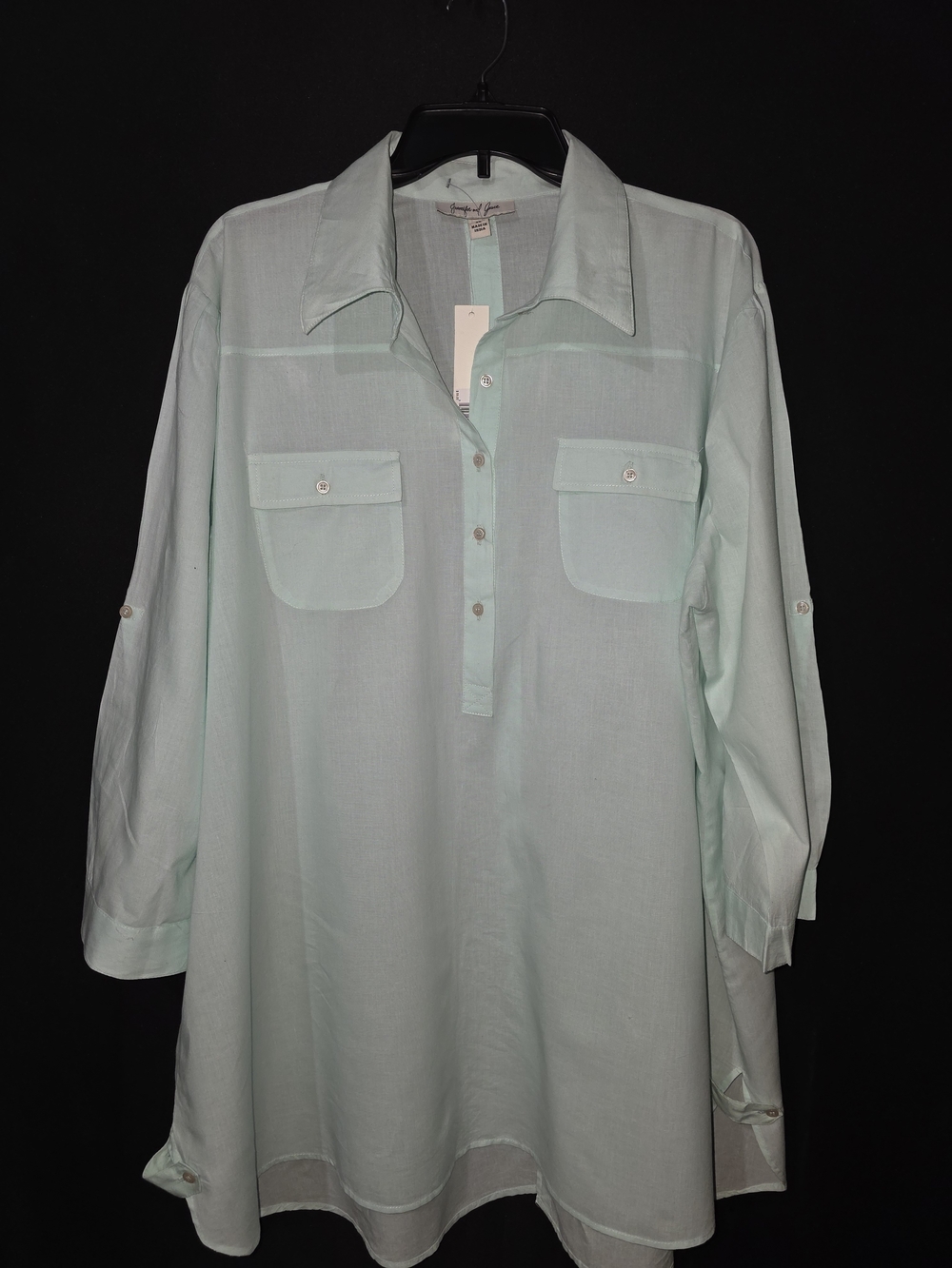 Light Mint Green Women's Tunic Shirt with Button Front and Chest Pockets